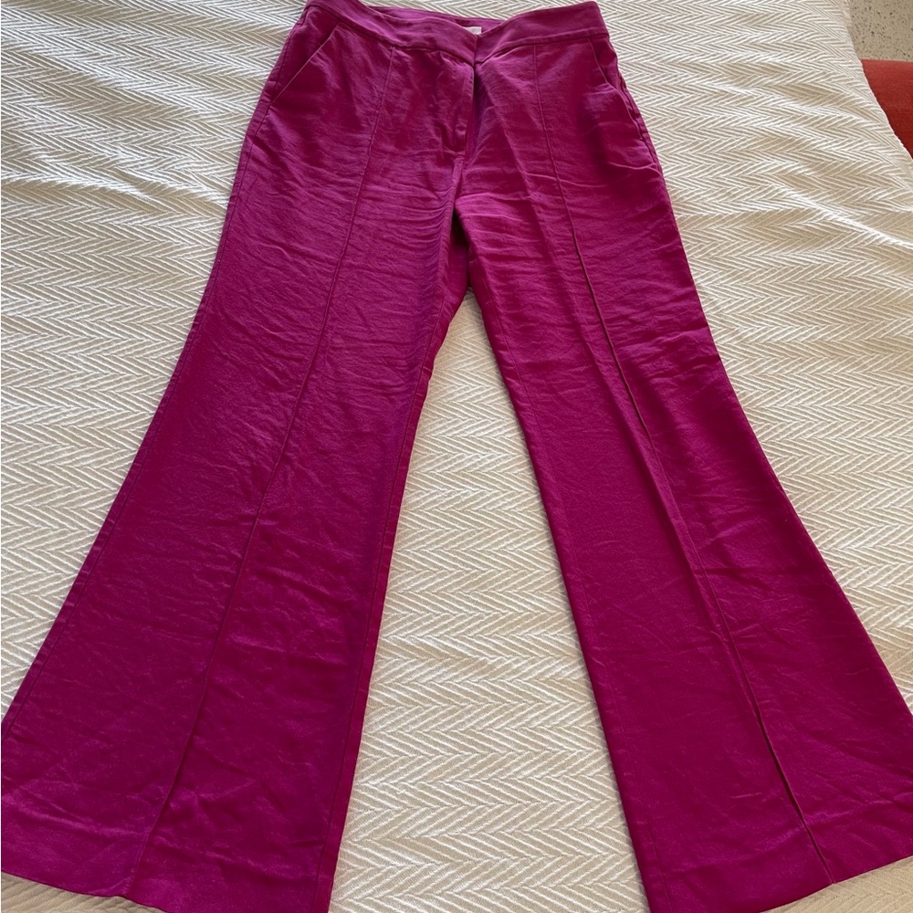 LOFT Linen Blend Flare Pants Twill Fuschia Sunset High Rise Front Seams Barbie